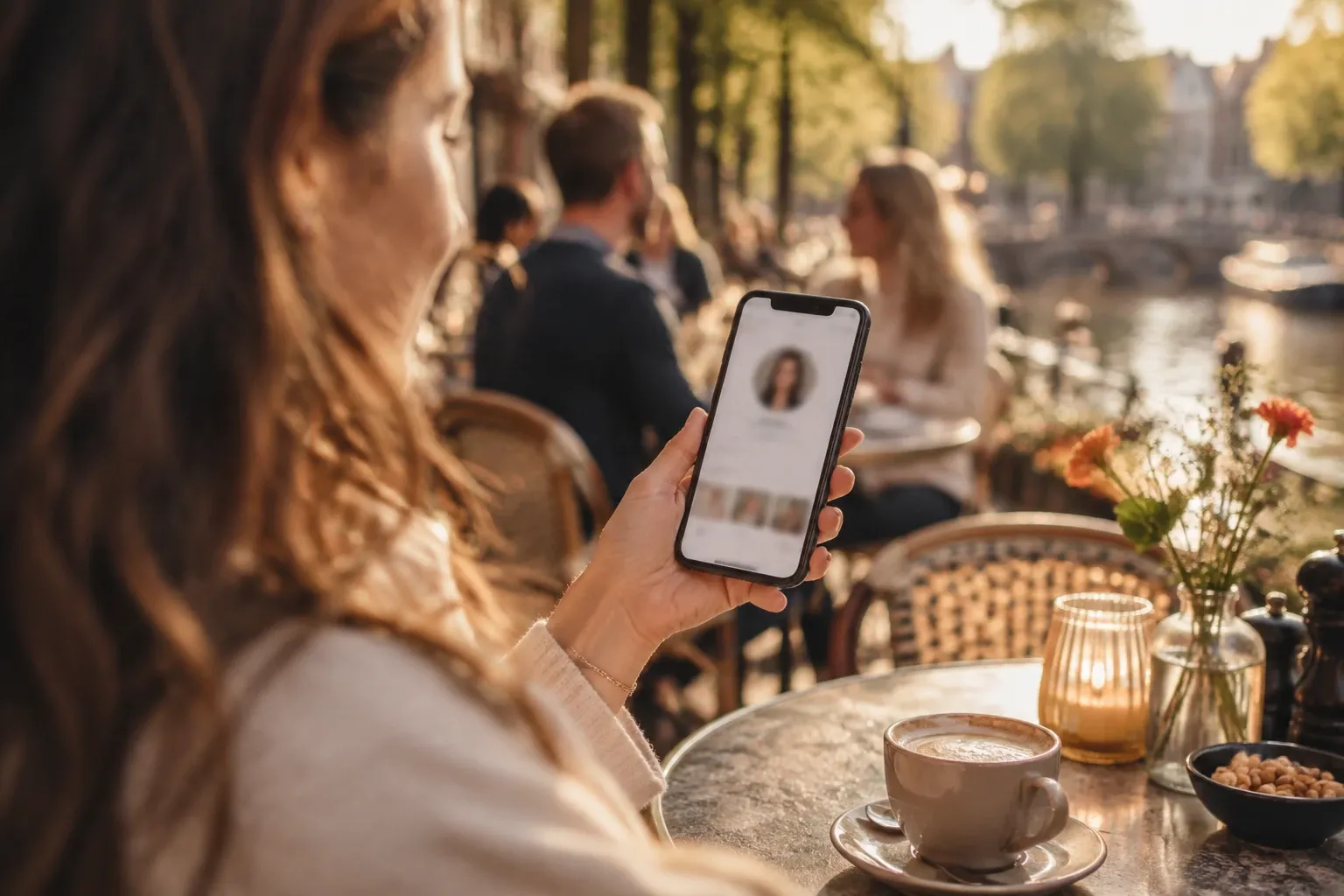 Vrouw in café kijkt naar profiel op datingapp op smartphone, cappuccino op tafel