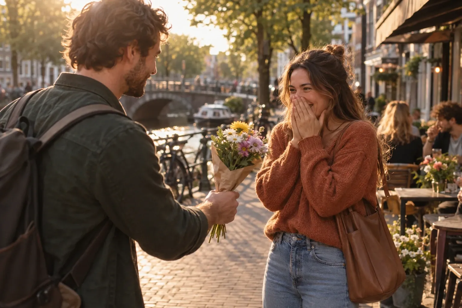 Man geeft vrouw een boeket bloemen bij grachtenkade, zonlicht, zij lacht verrast