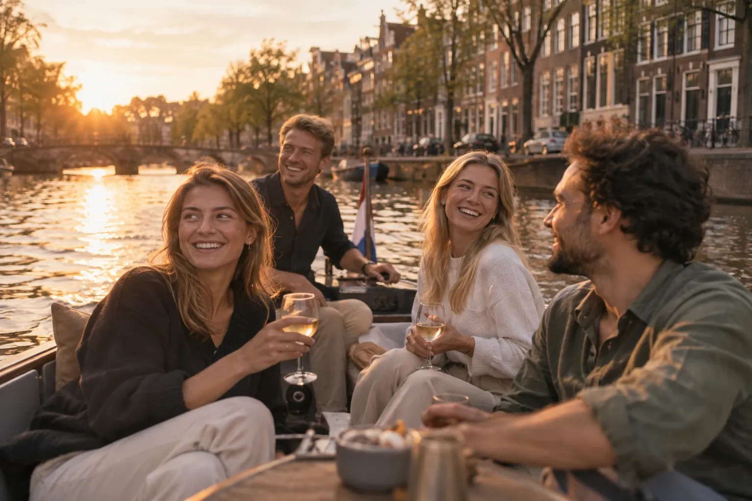 Vier vrienden proosten met wijn in een boot op een gracht tijdens zonsondergang