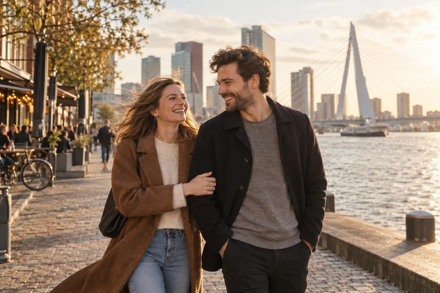 Stelletje wandelt lachend langs de Maas bij zonsondergang, Erasmusbrug op achtergrond