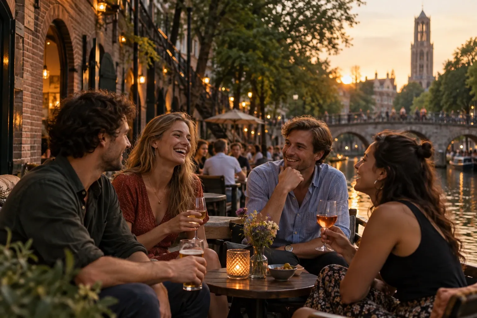 Vier vrienden zitten buiten aan grachtenterras bij kaarslicht, drankje in hand, zonsondergang zichtbaar