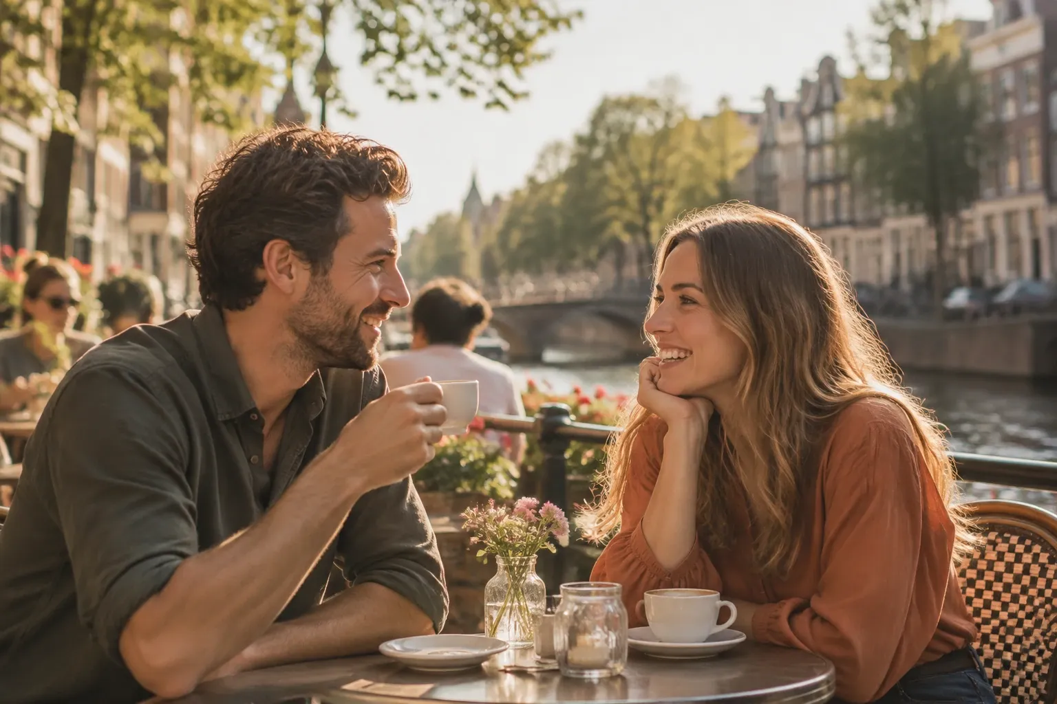 Man en vrouw lachen samen aan koffietafel naast grachtenpand tijdens zonnige dag