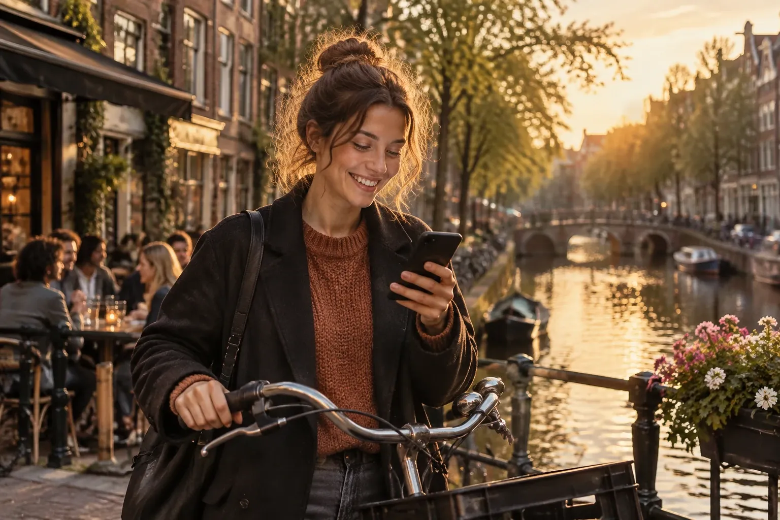 Vrouw met fiets lacht naar telefoon bij grachten tijdens gouden uur