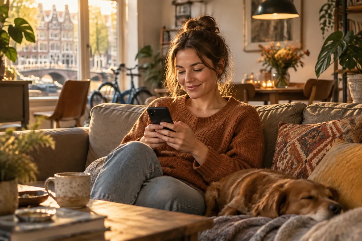 Vrouw op bank met telefoon, glimlachend, hond slaapt naast haar, warm woonkamerlicht