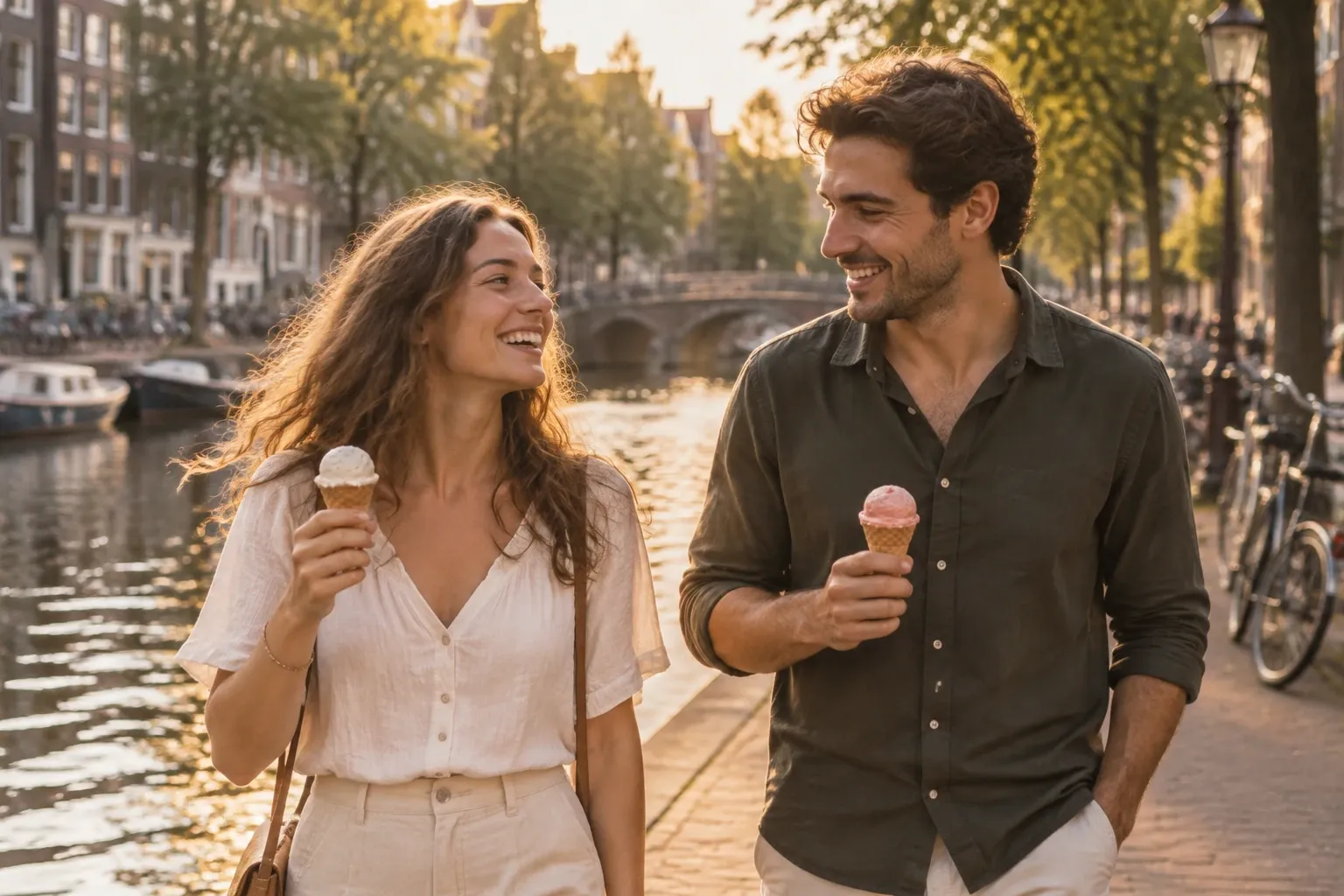 Jong stel wandelt langs gracht bij zonsondergang terwijl ze ijsjes eten en lachen