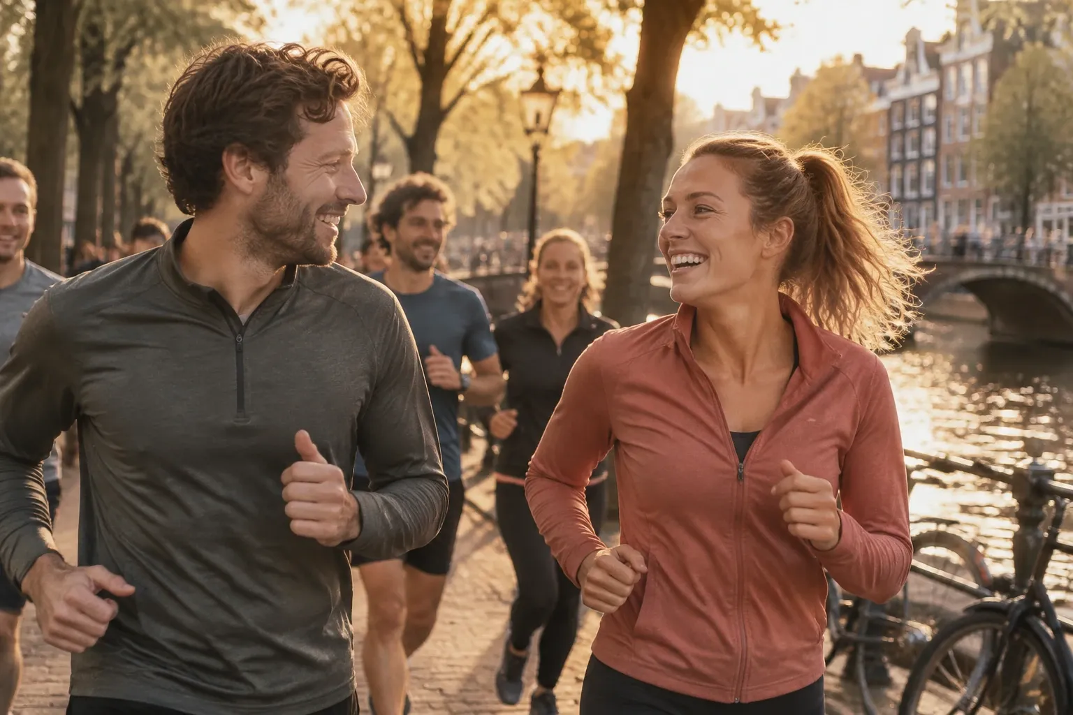 Vriendelijk lachend koppel joggend langs gracht bij zonsondergang, groep hardlopers achter hen