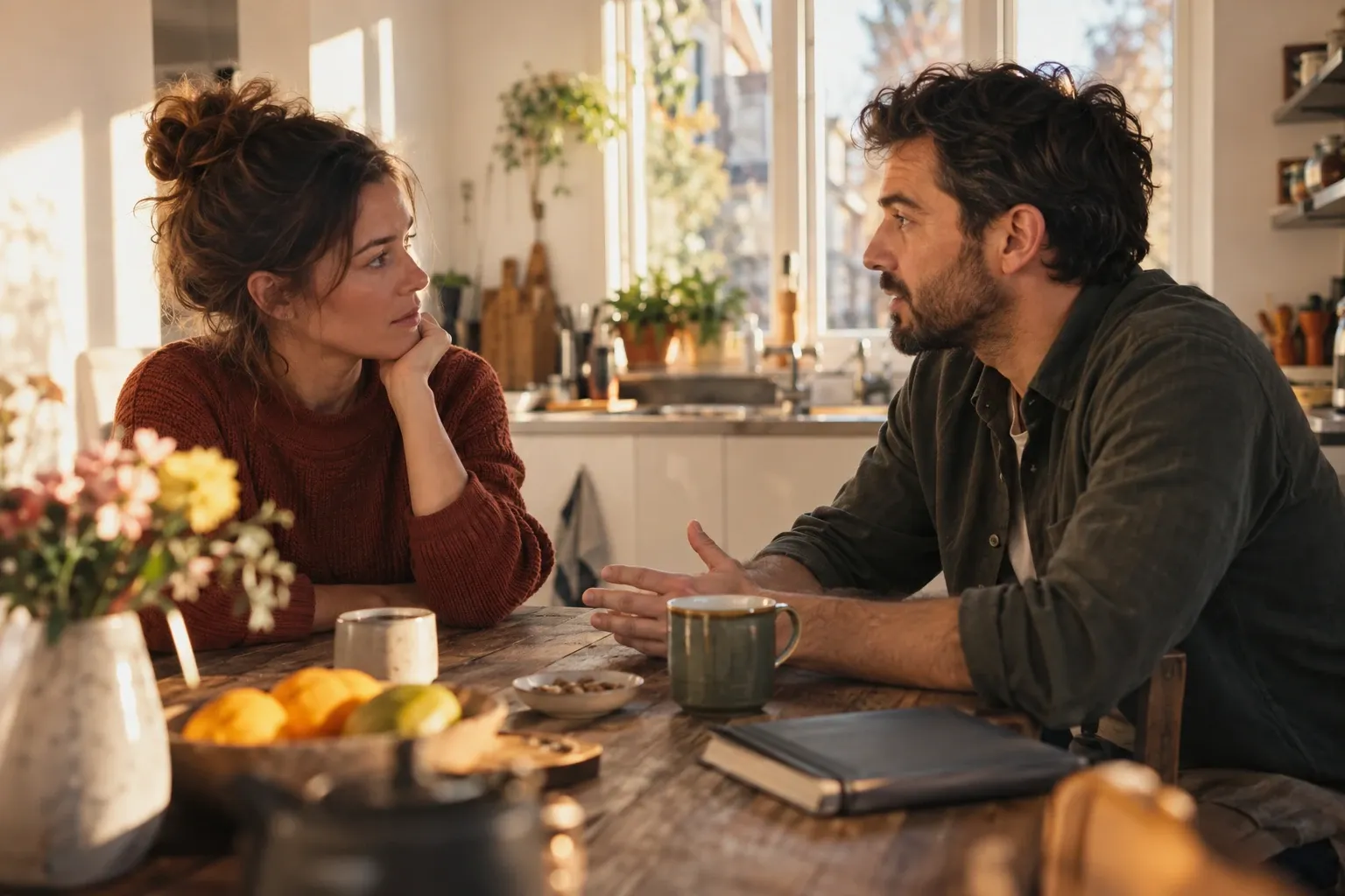 Man en vrouw zitten aan keukentafel in gesprek, kopjes en notitieboek zichtbaar