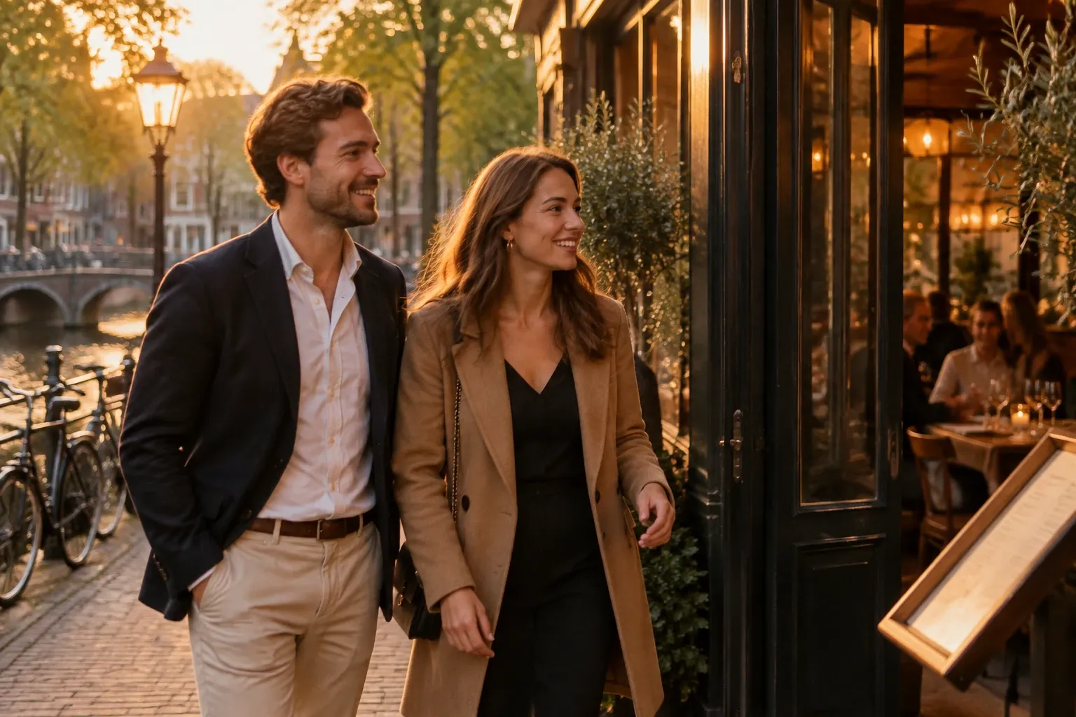 Man en vrouw in nette outfits lopen lachend langs gracht bij restaurant in avondlicht