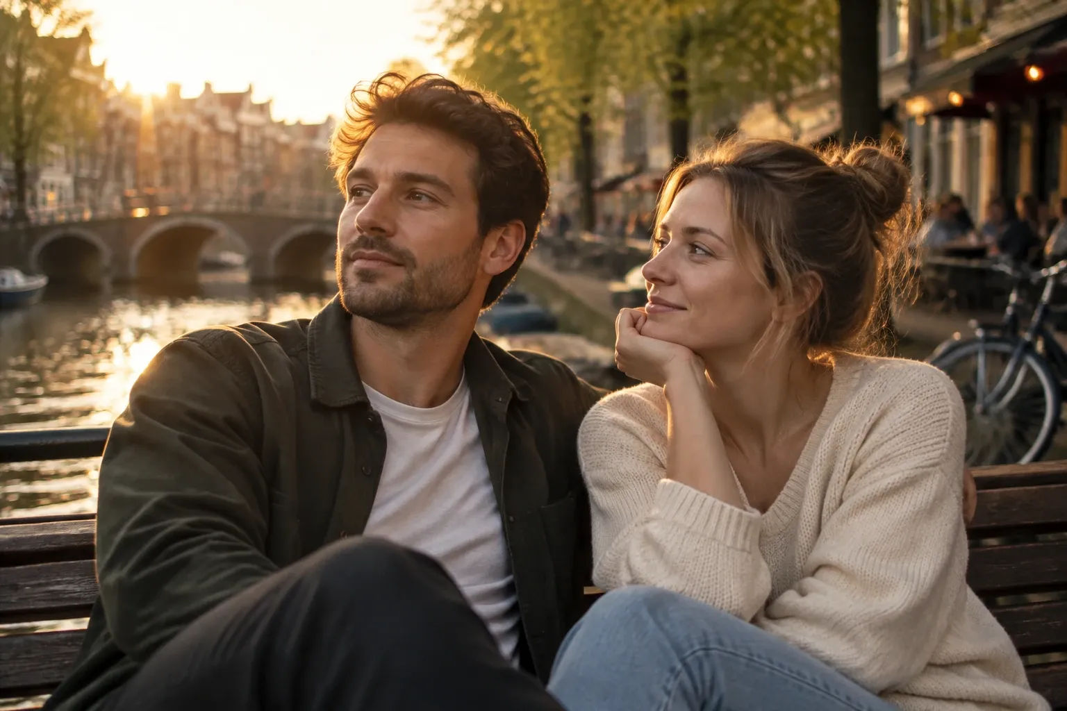 Jong stel op een bank langs een gracht bij ondergaande zon, vrouw kijkt naar man