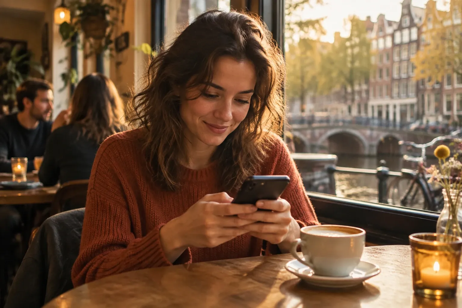 Vrouw in trui kijkt glimlachend naar telefoon aan cafétafel met cappuccino bij raam