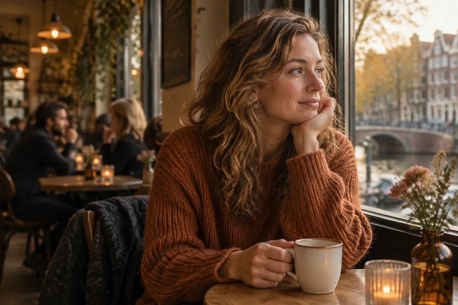 Vrouw in trui kijkt peinzend uit raam, handen om een koffiekopje