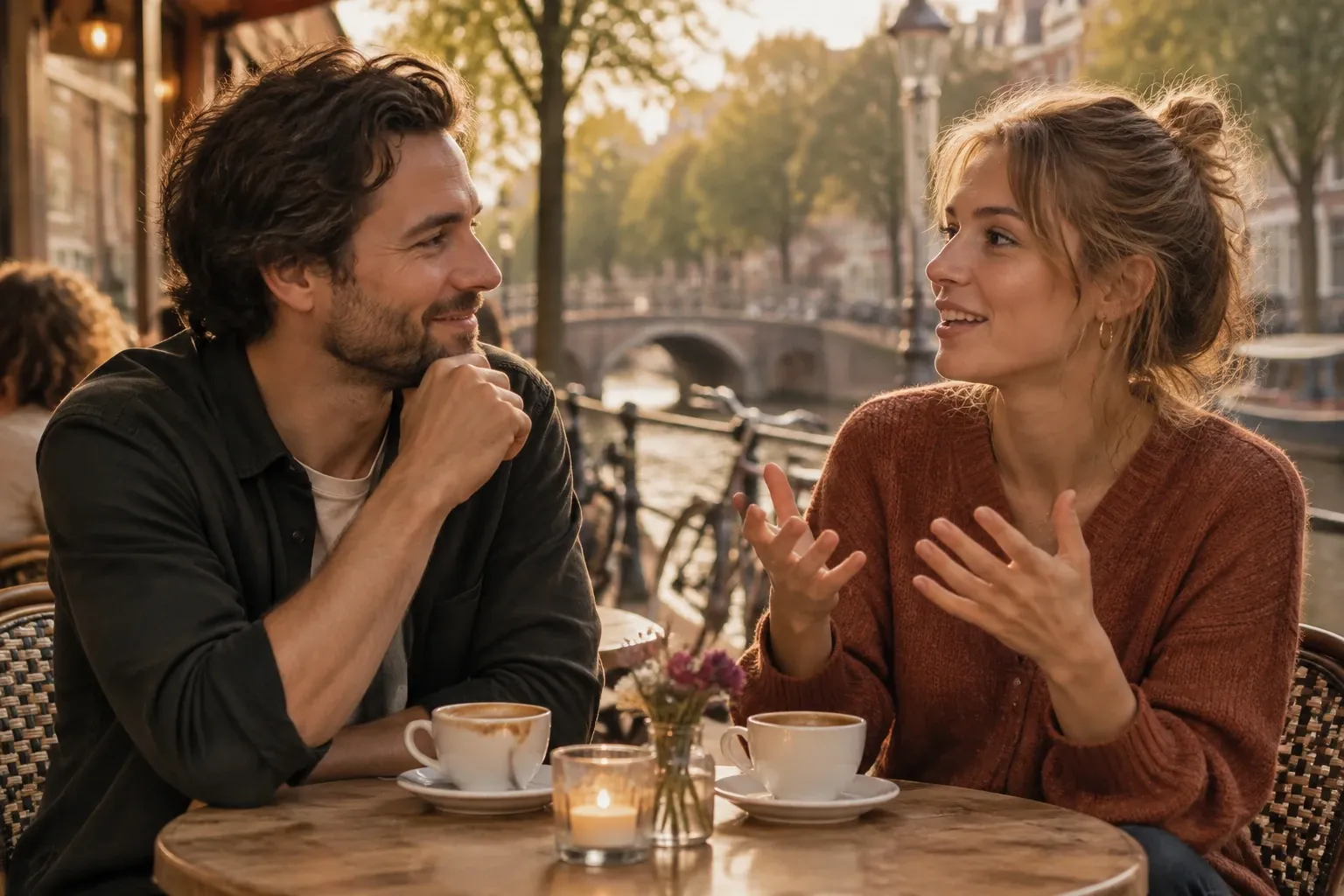Twee mensen kletsen bij een cafétafel met cappuccino's aan een gracht in de avond