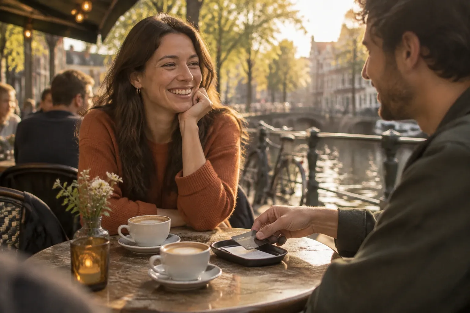Twee mensen aan buitencafé bij gracht, man betaalt met pinapparaat, twee cappuccino's op tafel